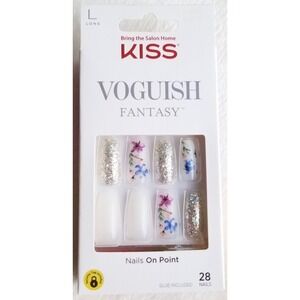 KISS Voguish Fantasy Milk Bath Press-On Nails Long Coffin‎ Floral Glitter 28ct